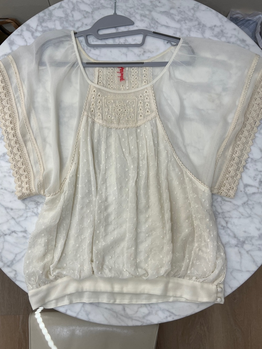 Free People Boho Cream Lace-Trim Peasant Top